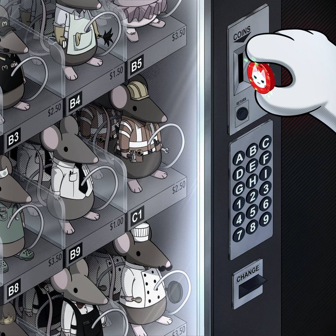 An illustration of a vending machine filled with mice dressed in various professional outfits (doctors, chefs, workers) with prices listed, as a gloved hand inserts a red coin into the slot.