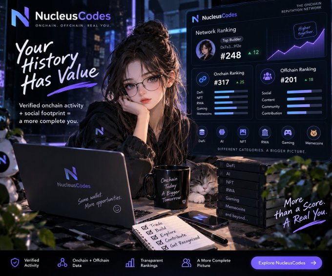 A promotional graphic for 'NucleusCodes' featuring an anime-style woman with a laptop, highlighting 'Your History Has Value,' network rankings (#248), and a 'Higher Together' theme across various blockchain categories.