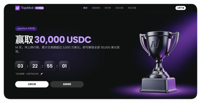 A promotional banner for TopMod featuring a purple trophy graphic, a countdown timer showing 03:22:55:01, and Chinese text advertising '30,000 USDC' rewards with an 'A' logo and Hyperliquid text.