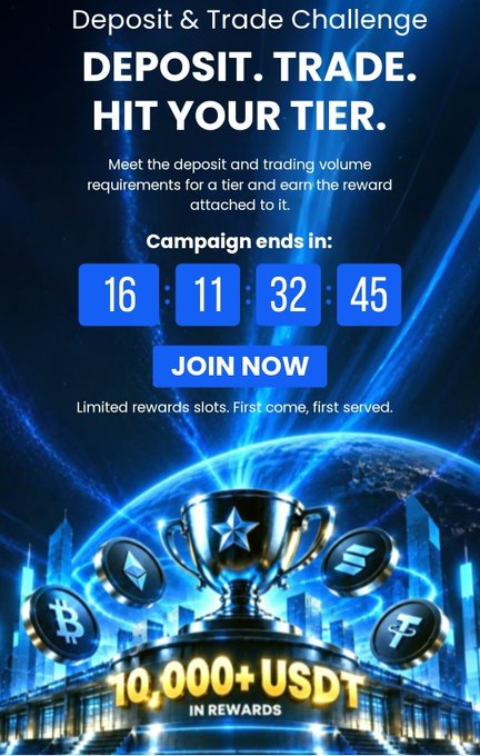 A promotional advertisement for a 'Deposit & Trade Challenge' with the tagline 'DEPOSIT. TRADE. HIT YOUR TIER,' offering over 10,000 USDT in rewards, featuring a countdown timer and cryptocurrency logos including Bitcoin.