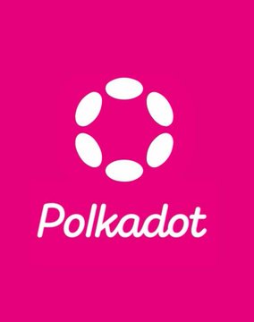 The image features the Polkadot logo—a white circular design of connected ovals on a vibrant pink background—with the word "Polkadot" displayed below. It accompanies a cautionary post highlighting the dramatic 98.6% loss on a hypothetical $10,000 investment in $DOT made at its five-year peak.