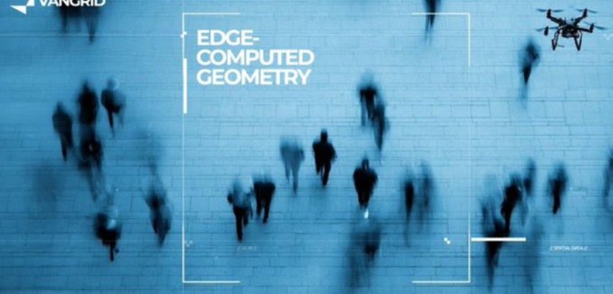 A stylized blue-tinted image showing blurred silhouettes of people walking on a tiled surface, overlaid with a camera viewfinder frame and the text "EDGE-COMPUTED GEOMETRY" alongside a drone graphic.