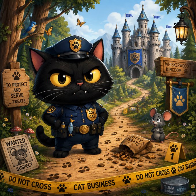 A whimsical illustration shows a black cat dressed as a police officer ('COP CAT') in 'Whiskerwood Kingdom,' standing near a wanted poster of a mouse suspect, paw prints, and caution tape reading 'DO NOT CROSS CAT BUSINESS.'
