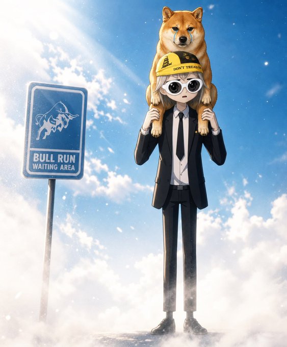 An anime-style illustration of a person in a suit with a Shiba Inu dog on their head, standing next to a sign that reads 'BULL RUN WAITING AREA' against a cloudy sky.