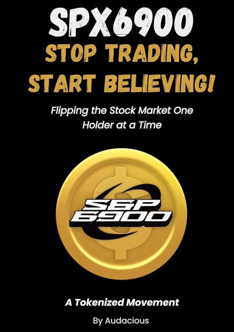 The image features a gold coin with a black background that says "SPX690" at the top. The text below the coin reads, "Stop trading, start believing!" which suggests that SPX690 is promoting a mindset shift from trading to investing in cryptocurrency.
