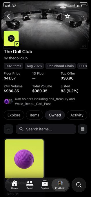 A mobile app screen showing an NFT collection called 'The Doll Club' by thedollclub on the Robinhood Chain with 902 items, a floor price of $41.57, and 638 holders including doll_treasury and Walle_Reepu_Carl_Pusa.