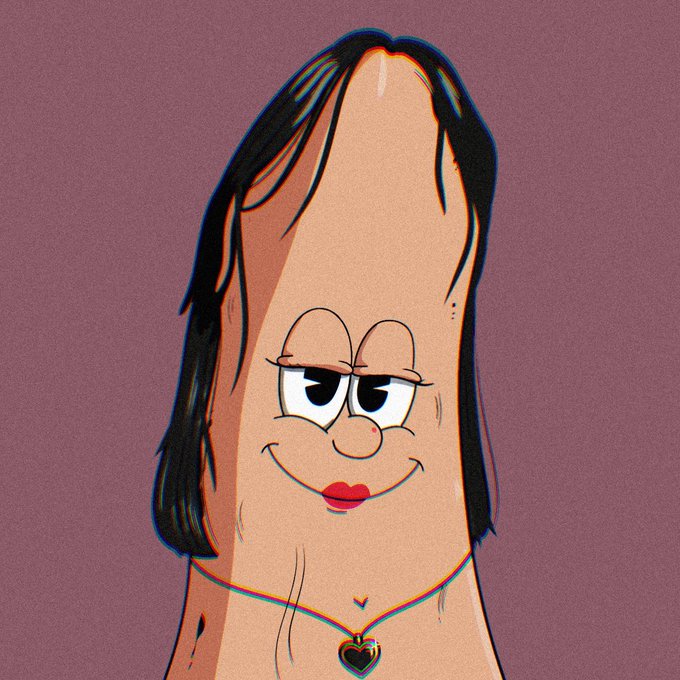 An illustration of Patrick Star from SpongeBob SquarePants with long dark hair, red lipstick, and a black heart necklace, set against a maroon background.