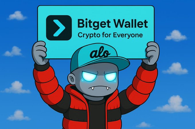 A cartoon character with gray skin, fangs, and glowing blue eyes wearing a red puffer jacket and a teal 'alo' cap. The character holds up a sign reading 'Bitget Wallet - Crypto for Everyone' against a blue sky with clouds.