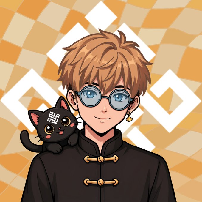 An anime-style illustration of a smiling young man with brown hair and round glasses wearing a black traditional Chinese jacket, holding a small black cat with a QR code pattern on its forehead, set against an orange and white checkered background.