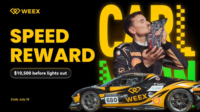 A WEEX 'SPEED REWARD' promotion offering $10,500 before lights out, ending July 15, featuring a Ferrari race car driver holding a trophy.