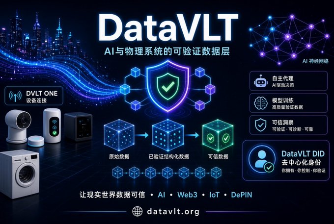 An infographic for DataVLT showcasing their verifiable data layer for AI and physical systems, featuring illustrations of IoT devices, security shields, data flow diagrams, and references to AI, Web3, IoT, and DePIN technologies with the URL datavlt.org.