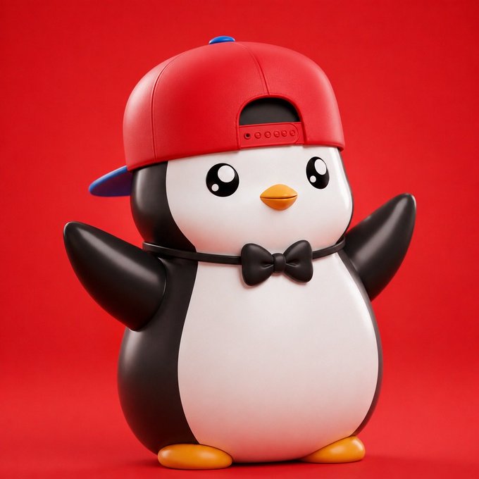 A 3D-rendered cartoon penguin wearing a red baseball cap backward and a black bow tie stands against a bold red background. The image ties directly into the "Pudgy Penguins" NFT brand, visually representing the mascot used to promote its presence on users' timelines (TLs).