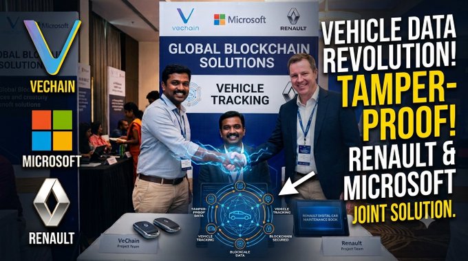 The image shows a VeChain, Microsoft, and Renault "Global Blockchain Solutions" event where representatives celebrate a partnership for vehicle tracking, with bold text declaring "VEHICLE DATA REVOLUTION! TAMPER-PROOF! RENAULT & MICROSOFT JOINT SOLUTION," visually supporting the post's announcement of a tamper-proof digital car maintenance book secured by VeChain blockchain ($VET).