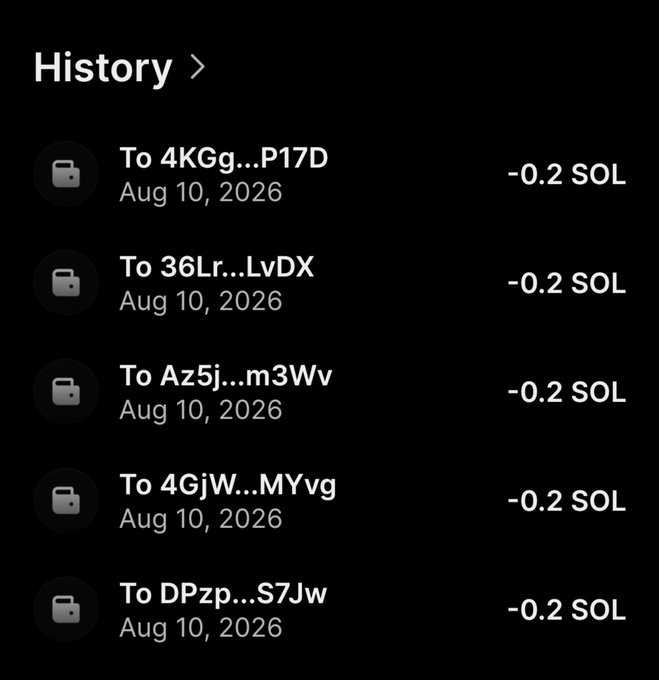 The image shows a transaction history displaying five outgoing transfers of -0.2 SOL each on August 10, 2026, sent to various wallet addresses (4KGg...P17D, 36Lr...LvDX, Az5j...m3Wv, 4GjW...MYvg, and DPzp...S7Jw). This corresponds to the post claiming to have sent 1 SOL total (approximately) to multiple recipients, demonstrating the distribution of small SOL amounts to several wallets.