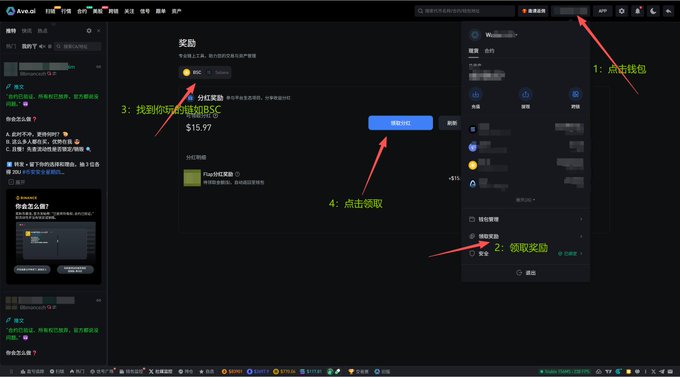 A screenshot of the Ava.ai crypto platform interface in Chinese, with red arrows and numbers (1-4) instructing users how to claim rewards, specifically pointing out '领取SC' (Claim SC) options and a BSC token worth $15.97.