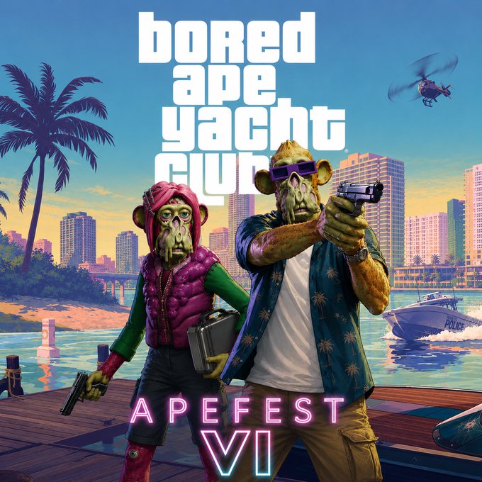 Two Bored Ape Yacht Club NFT characters wield guns on a Miami dock beside the text "bored ape yacht club" and a neon "APEFEST VI" sign, visualizing the "WEN APEFEST" question raised in the post.