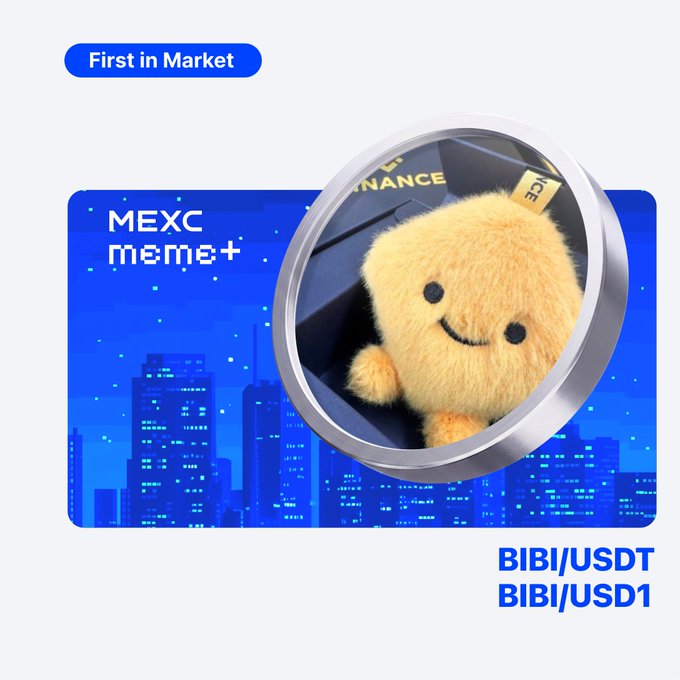 The image promotes the "First in Market" listing of $BIBI on MEXC meme+, showcasing a fluffy yellow plushie and the trading pairs BIBI/USDT and BIBI/USD1.