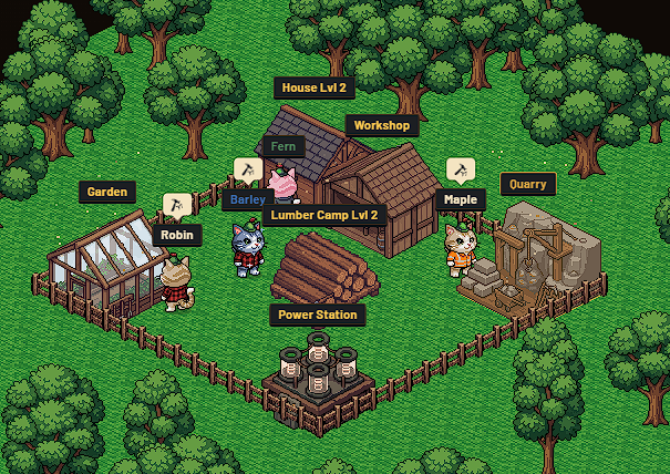A pixel art farm scene showing various buildings and activities including a 'House Lvl 2', 'Workshop', 'Garden', 'Quarry', 'Lumber Camp Lvl 2', and 'Power Station', with characters named Fern, Robin, Barley, and Maple working.