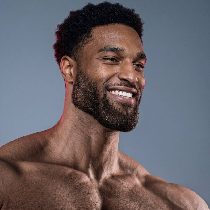 A shirtless, muscular man with a beard smiles confidently off-camera against a gray background, his poised expression conveying self-assurance that aligns with the post's triumphant messaging of reaching 50K, 60K, and 100K milestones for the $GIGANSEM token.