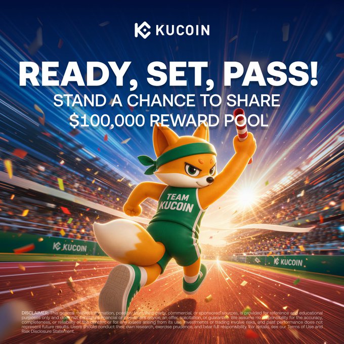 The KuCoin promotional image features the brand's fox mascot wearing a "TEAM KUCOIN" green jersey and headband, running on a stadium track while holding a red relay baton. Bold white text reads "READY, SET, PASS! STAND A CHANCE TO SHARE $100,000 REWARD POOL" with the KuCoin logo at the top, visually promoting the KuKu Relay Game campaign mentioned in the post.