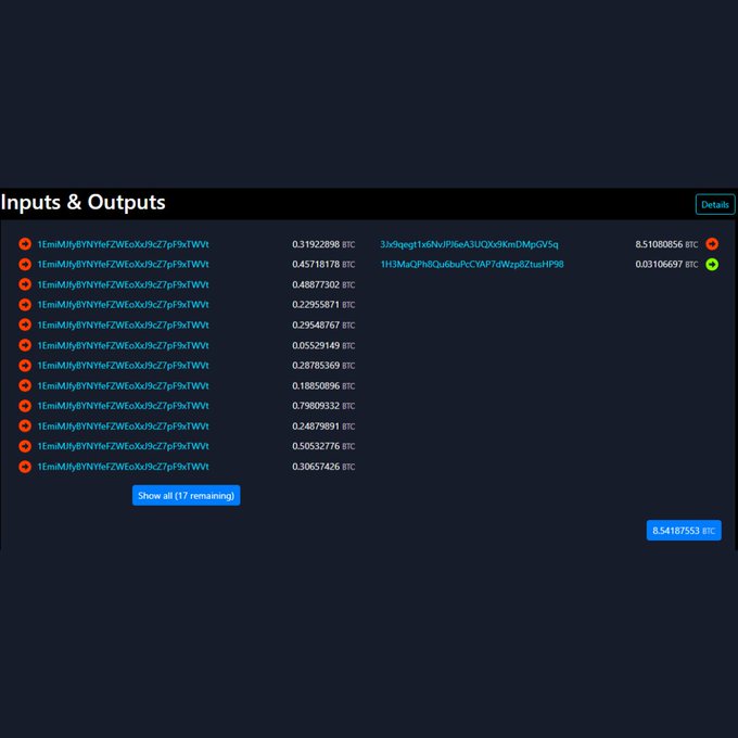 A cryptocurrency transaction history screen showing 'Inputs & Outputs' with multiple transactions from address '1EmlMlNyBYNYleFZWEOxJx9cZ7pF9xTWWt' totaling 8.54187553 BTC, with two outgoing transactions shown in green and red.
