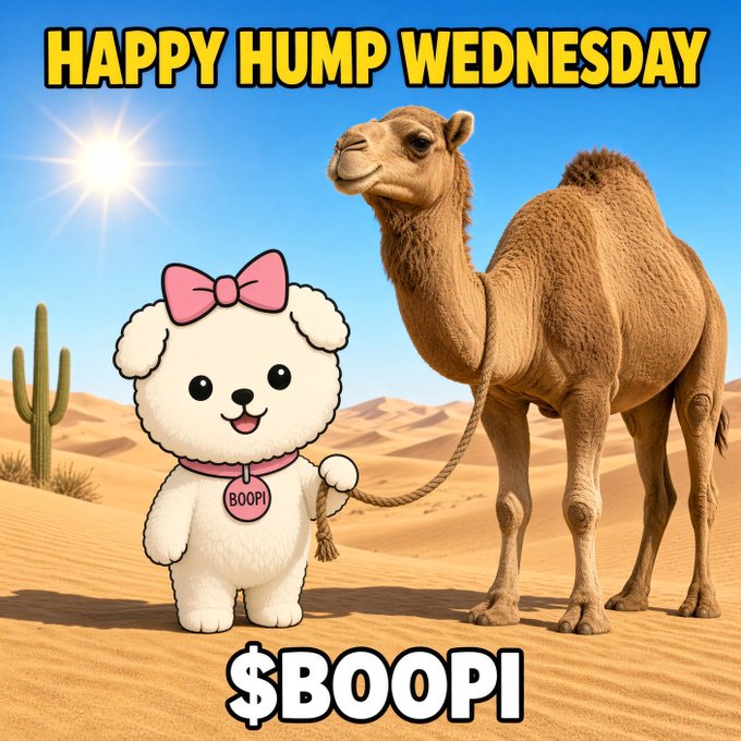 A meme image with the text 'HAPPY HUMP WEDNESDAY' at the top and '$BOOPI' at the bottom, featuring a cartoon white dog with a pink bow and 'BOOPI' tag standing next to a camel in a desert landscape.