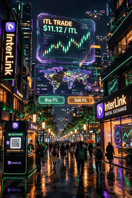 A vibrant cyberpunk-style cityscape scene features an 'InterLink DIGITAL EXCHANGE' with a large 'ITL TRADE $11.12 / ITL' billboard and 'Buy ITL' and 'Sell ITL' buttons.