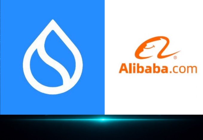 A split image displays a blue logo featuring a white water droplet on the left, and the orange 'Alibaba.com' logo with stylized 'EZ' lettering on a white background on the right.