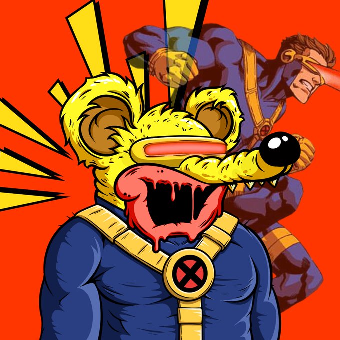 A cartoon illustration showing a yellow bear-like character with a bloody mouth and a Cyclops visor, set against an orange background with a superhero figure in the back.