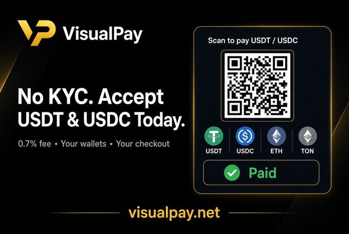 An advertisement for 'VisualPay' at visualpay.net promotes 'No KYC. Accept USDT & USDC Today' with a 0.7% fee, featuring a phone screen showing a QR code for scanning to pay USDT/USDC with a green 'Paid' confirmation.