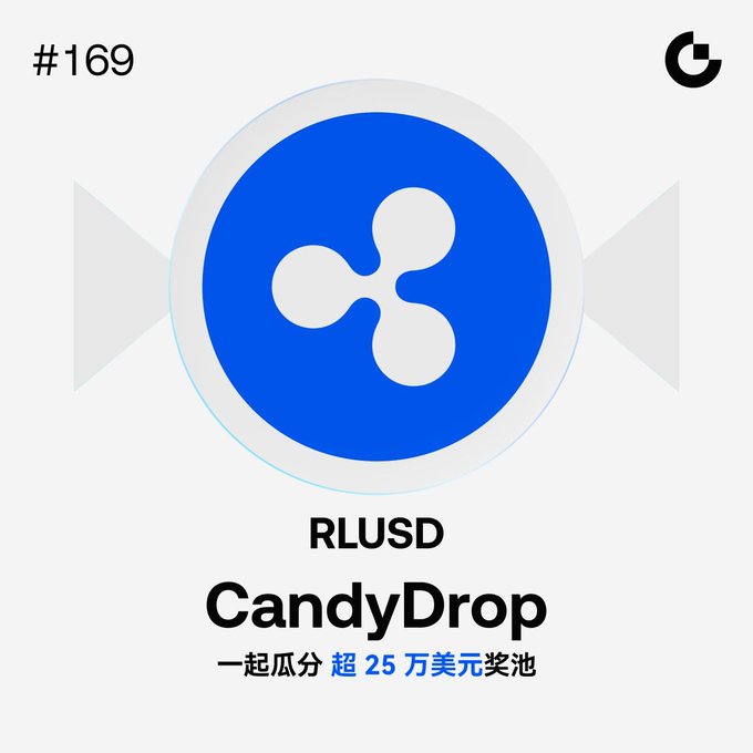 The image features a blue logo with a white circle containing three lines, which represents the Candy Drop cryptocurrency. The text "CandyDrop" is written below the logo, indicating that this is an advertisement for the cryptocurrency. The post also mentions that there is a prize pool of 25,000 RLPUSD available and encourages people to join by depositing or spotting trading opportunities.