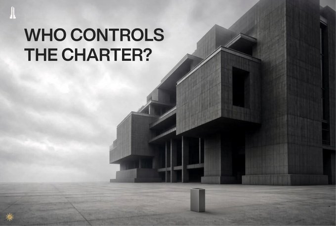 A black-and-white dramatic image of a brutalist concrete building under a cloudy sky with the text 'WHO CONTROLS THE CHARTER?' overlaid on the left side.