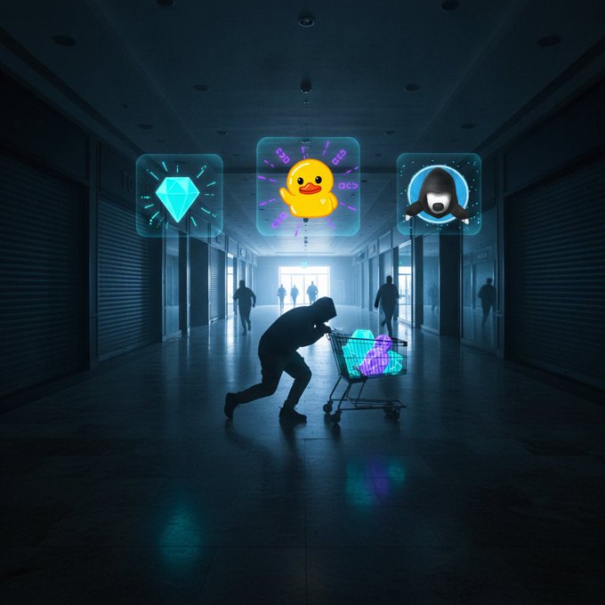 A dark, moody scene of a hooded figure pushing a shopping cart containing glowing blue and purple crystals down a corridor, with floating holographic icons of a diamond, a rubber duck, and a masked character above.