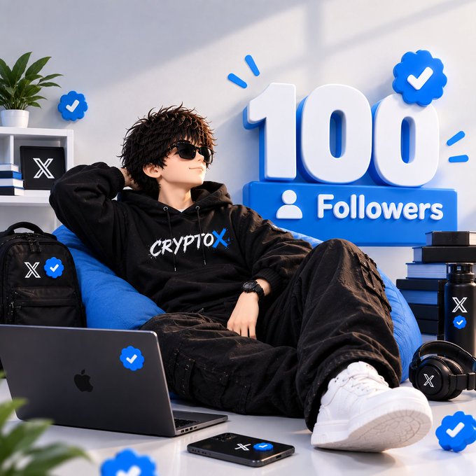 3D-rendered character wearing a "CRYPTOX" hoodie and sunglasses, lounging on a blue bean bag with a laptop, smartphone, and headphones, celebrating "100 Followers".