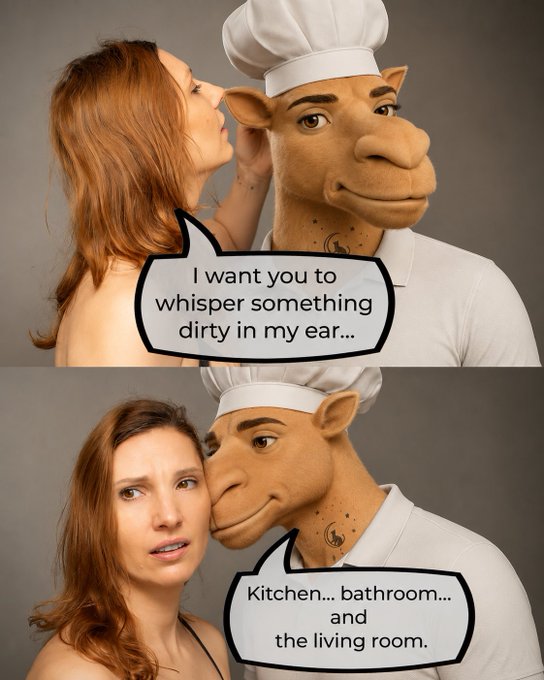 A two-panel comic showing a woman whispering to a camel-headed chef in a white chef's hat; the camel responds with 'Kitchen... bathroom... and the living room.'