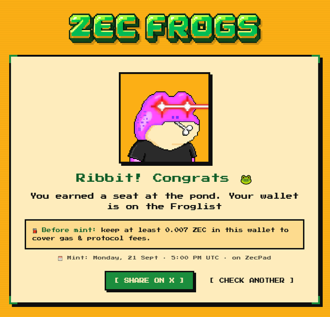 A pixel-art 'ZEC FROGS' confirmation page congratulates the user for earning a seat at the pond, with their wallet on the Froglist for an upcoming mint on Monday, 21 Sept at 5:00 PM UTC on ZecPad.