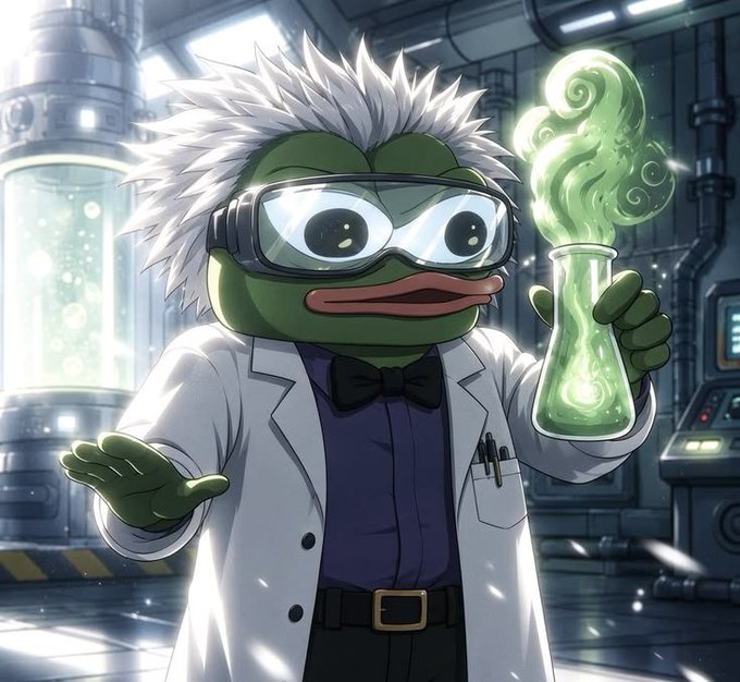 An anime-style illustration depicts a green, frog-like scientist with wild white hair and goggles, wearing a lab coat and holding a flask of glowing green swirling liquid in a futuristic laboratory.