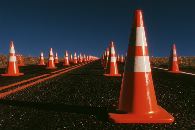 A low-angle view of bright orange-and-white traffic cones arranged in converging rows along an empty asphalt road under a deep blue sky, creating a sense of endless repetition. The image visually echoes the "traffic jam" theme of the networked.art auction, with cones metaphorically blocking the path to evoke stalled movement and obstruction.