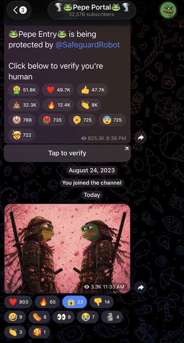 A Telegram channel screenshot of '🐸Pepe Portal🐸' showing a post about 'Pepe Entry' being protected by '@SafeguardRobot' with a 'Tap to verify' prompt, and an image of two Teenage Mutant Ninja Turtles facing each other with pink cherry blossoms.