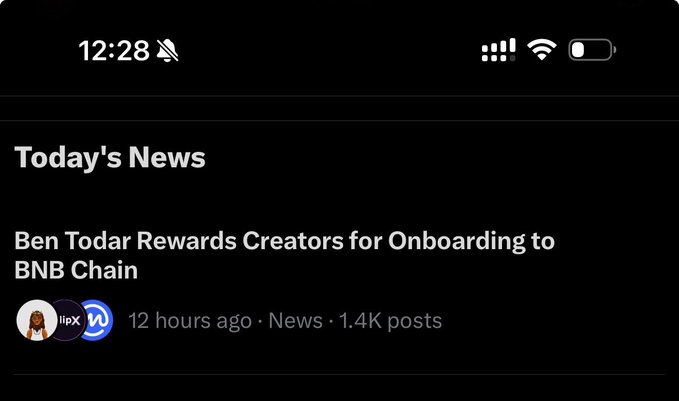 The image shows a "Today's News" section on what appears to be the X (formerly Twitter) app, featuring a trending news headline that reads "Ben Todar Rewards Creators for Onboarding to BNB Chain," posted 12 hours ago with 1.4K posts, accompanied by IIXP and BNB Chain logos.
