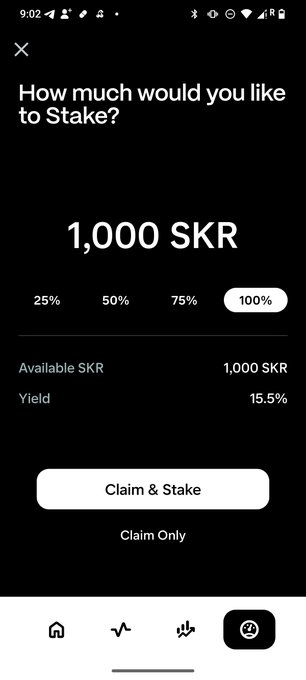 A mobile app staking interface showing 'How much would you like to Stake?' with 1,000 SKR selected, offering a 15.5% yield with 'Claim & Stake' and 'Claim Only' buttons.