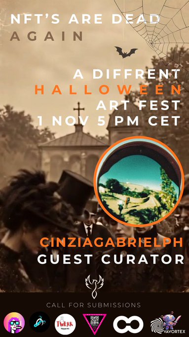 A promotional poster for 'NFT'S ARE DEAD AGAIN - A DIFFRENT HALLOWEEN ART FEST' on 1 Nov 5 PM CET, featuring 'CINZIAGABRIELPH' as guest curator with various sponsor logos at the bottom.