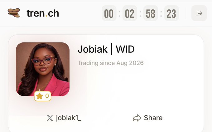 A profile page on tren.ch for user 'Jobiak | WID' with a countdown timer showing 00:02:58:23, noting 'Trading since Aug 2026' and 0 stars.