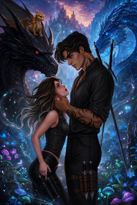 A romantic fantasy illustration depicts a dark-haired couple in a tender embrace within a magical forest, surrounded by an imposing dragon, a small orange dragon perched nearby, a glowing castle in the background, and bioluminescent mushrooms. The image's mystical "where dragons bind" theme visually echoes the post's caption, framing the couple as bound together in a fantastical realm, while the text promotes a limited-edition dragon-themed artwork for $15.35.