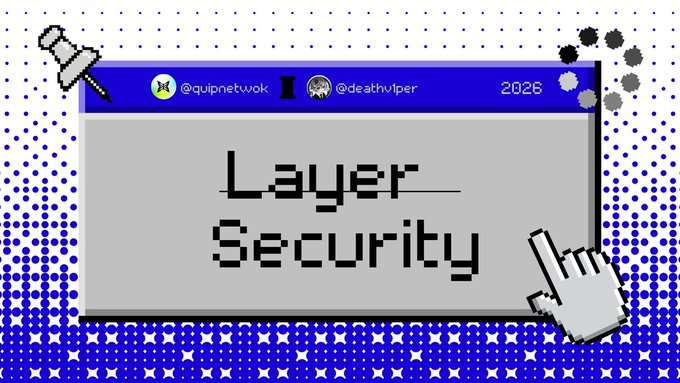 The image features a poster with a blue background that says "Layer Security" written in black text. Below this, there are several small circles representing dots of randomness scattered throughout the poster. The poster also includes a hand pointing towards the word "layer", possibly indicating a connection between layers and security. The post has been tagged by @quipnetworks, which is a social media platform that allows users to share content with others.