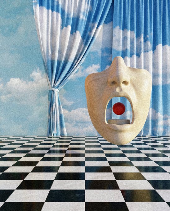 A surreal image showing a faceless stone sculpture with an open mouth holding a red sphere, set against a backdrop of clouds and blue curtains above a checkered floor.