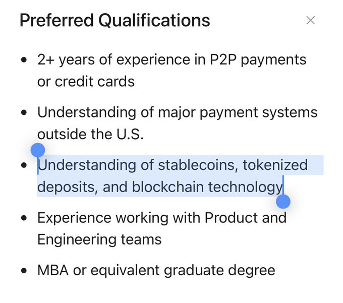 A job listing screenshot showing "Preferred Qualifications" including 2+ years in P2P payments, understanding of stablecoins and blockchain, with that line highlighted in blue.