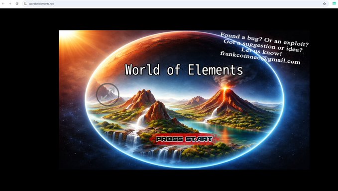 The image displays a webpage with a colorful background featuring a cartoon-like depiction of mountains, trees, waterfalls, and volcanic activity. The screen also shows a game's title bar that says "World Of Elements", suggesting this is an interactive game about elements from the periodic table. A small red button in the center of the image stands out as a call to action for viewers to start playing or learning more about the game.