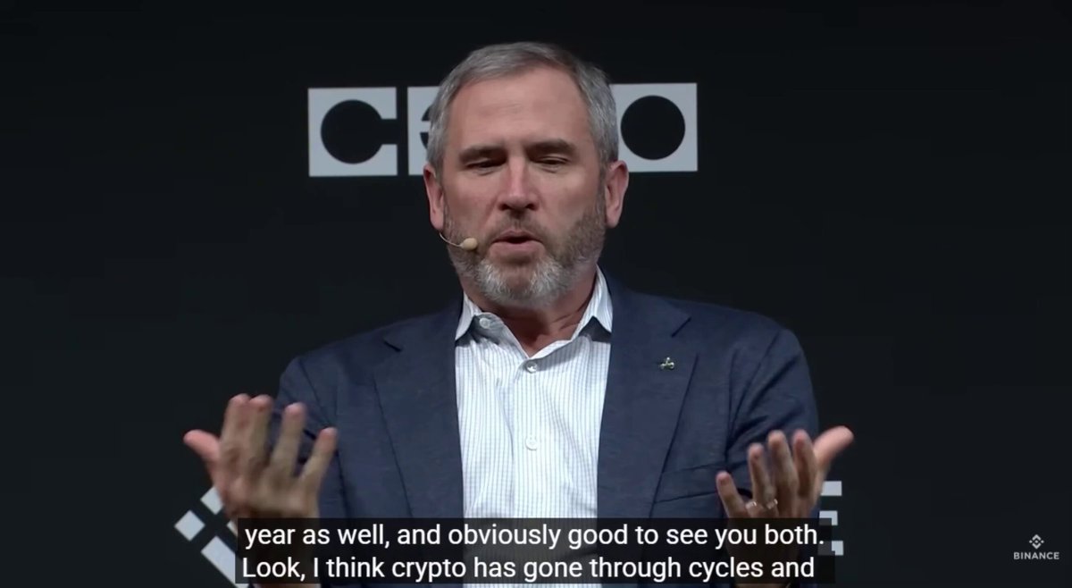 In the image, a man wearing a suit and tie stands at a podium, delivering a speech with his hands outstretched as if emphasizing certain points or making gestures to engage his audience. The background features a large white "C" logo on a black background, possibly representing a company or organization related to finance, such as crypto trading. A caption in the image reads: "Year as well as absolutely good to see you both – Look, I think crypto has gone through cycles."
