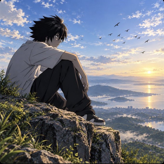 An anime illustration of a dark-haired young man sitting on a rocky cliff, looking out over a landscape with water and a sunset.